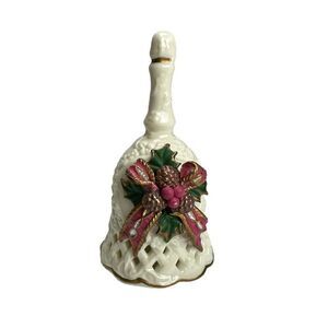 Vintage Beautiful White Ceramic Christmas Bell With Acorns and Holly